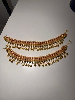 Ethnic Indian Wear Gold Anklet Set with Red and Green Beads